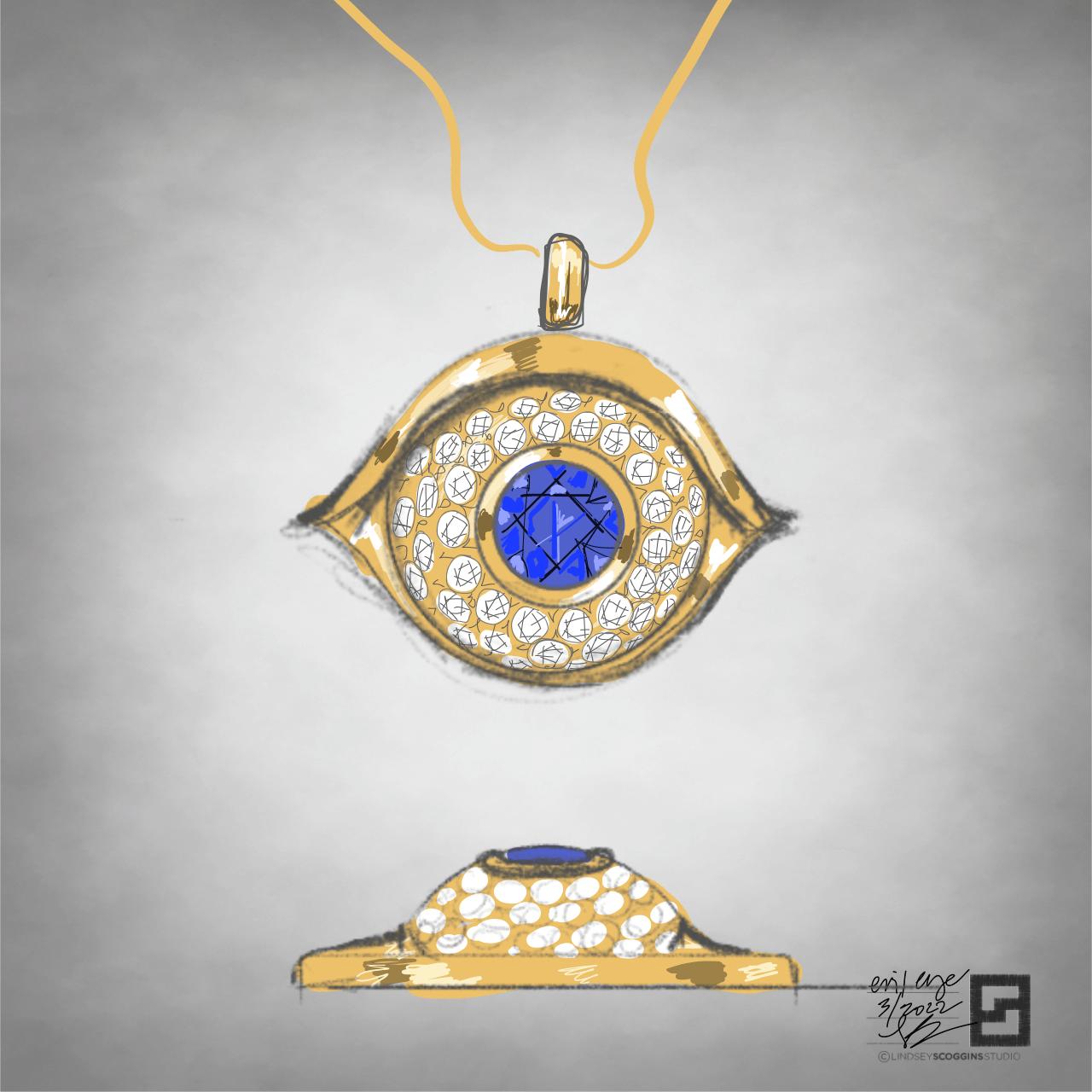 Sapphire and diamond evil eye necklace in 18k yellow gold