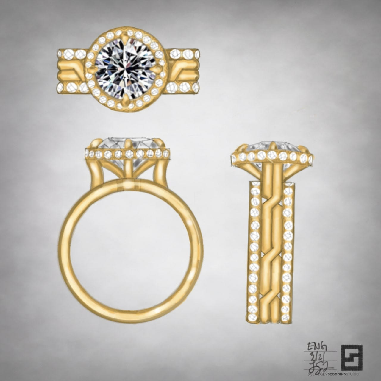 4 row twisting pave engagement ring ; thick band engagement ring