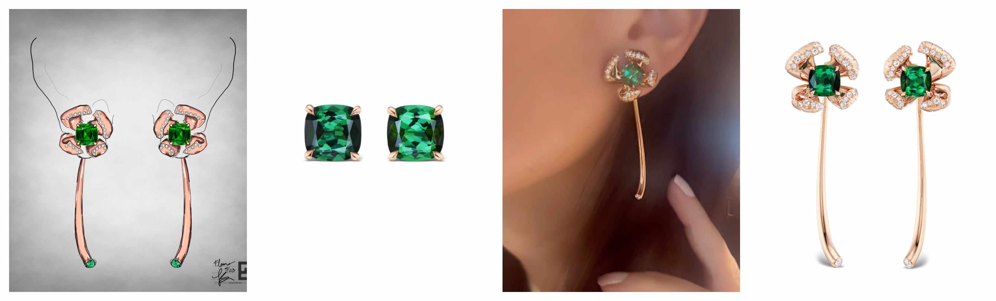 Four-image collage of a design sketch, loose green gemstones, earrings on a woman’s ear, & the finished rose-gold earrings.