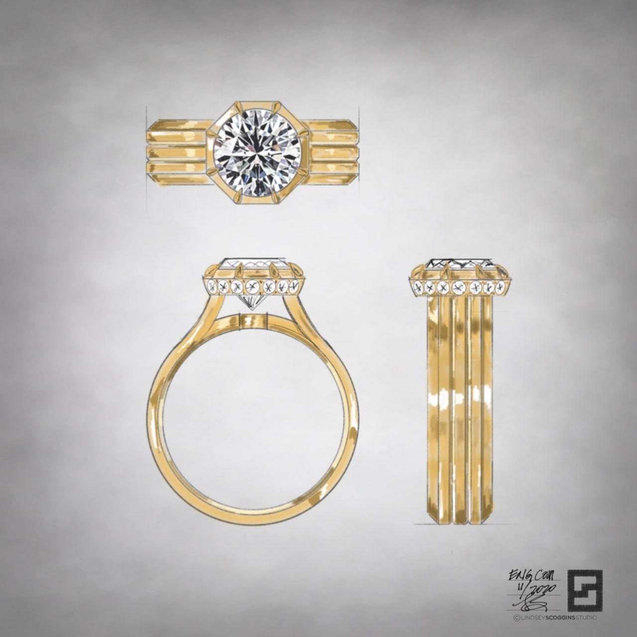 wide band diamond engagement ring with grooved lines and a victorian setting with a round diamond in 18 karat yellow gold