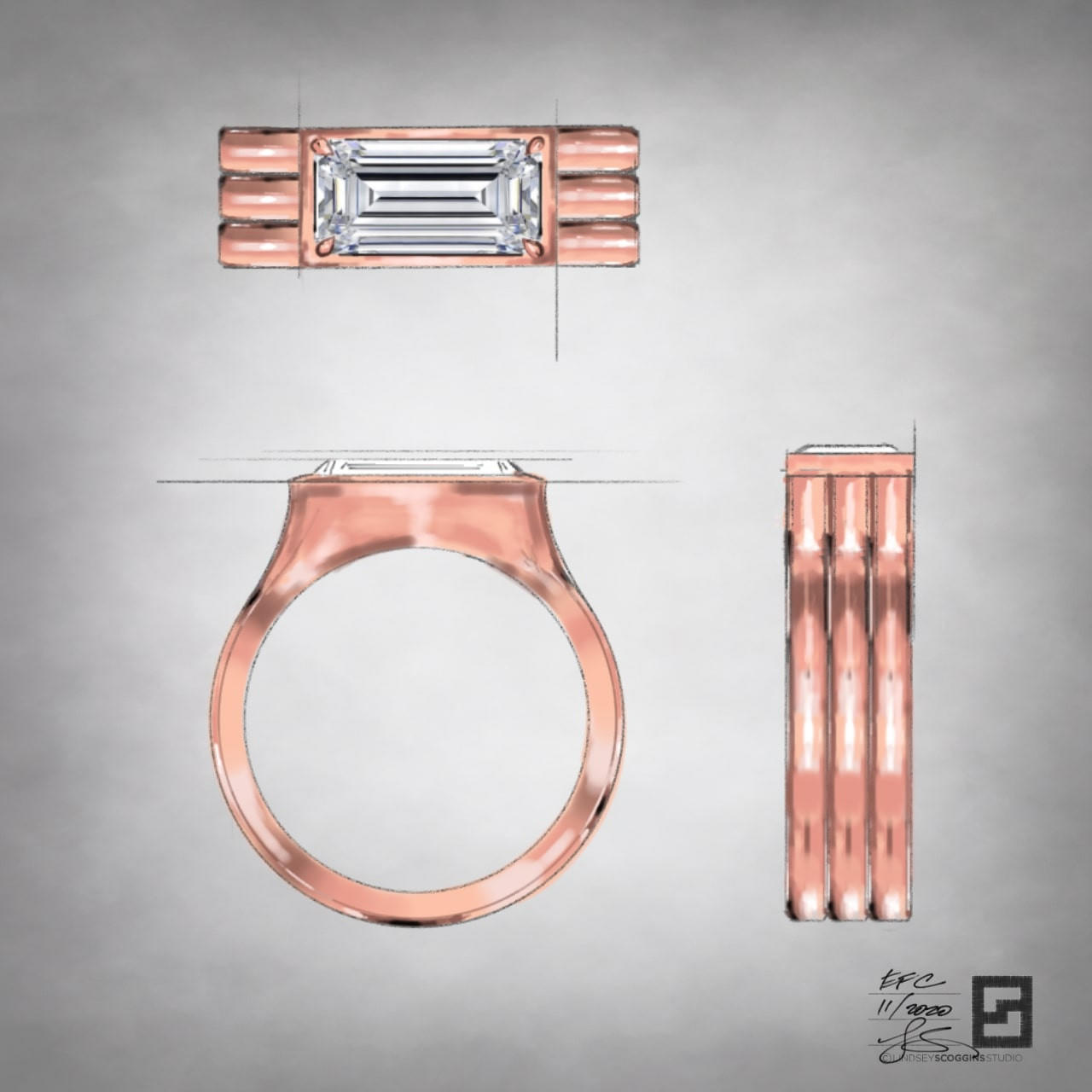 oath elongated emerald cut engagement ring in rose gold; east west emerald cut diamond engagement ring