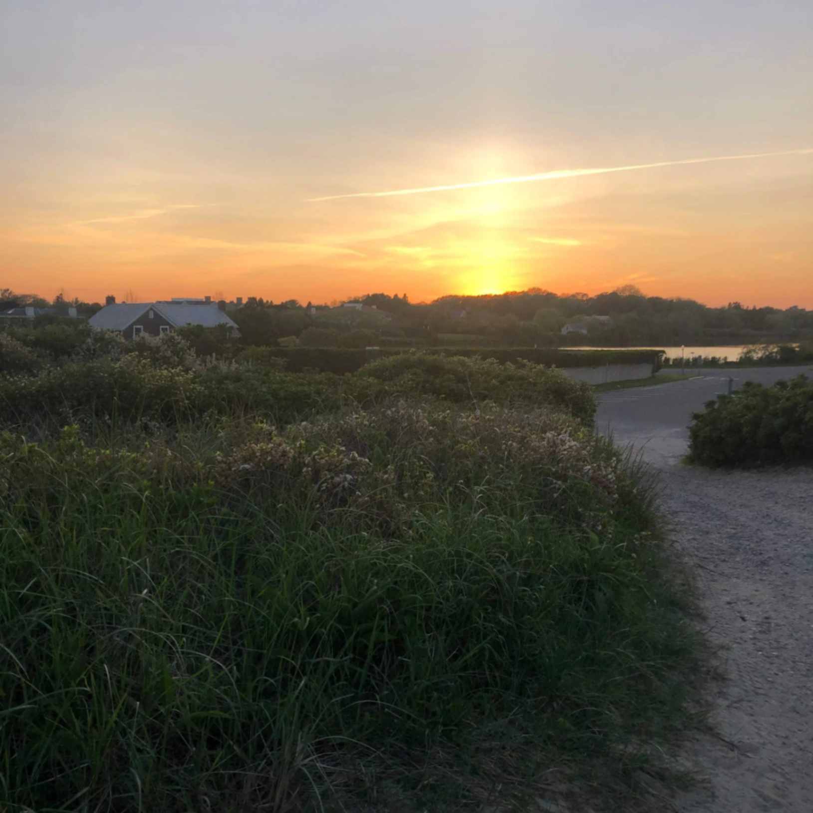 Peaceful sunset view with orange skies, lush greenery, houses at a distance, and a sandy path in the foreground