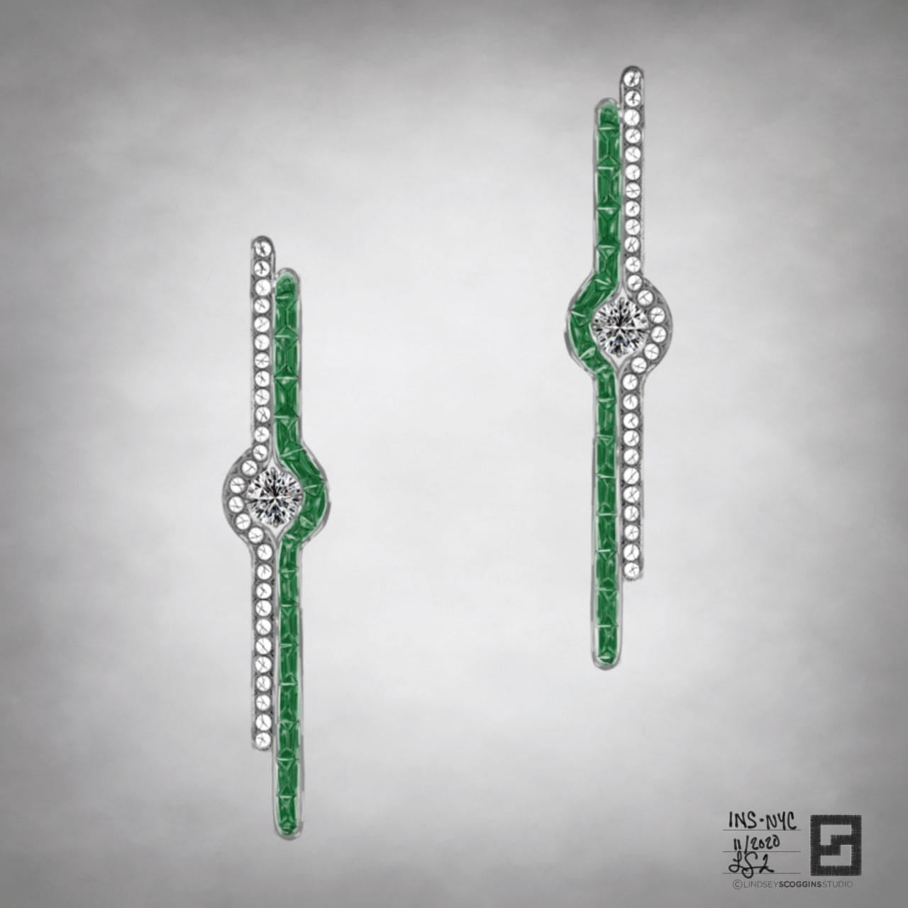 diamond and emerald drop earrings with a round center diamond in 18 karat white gold