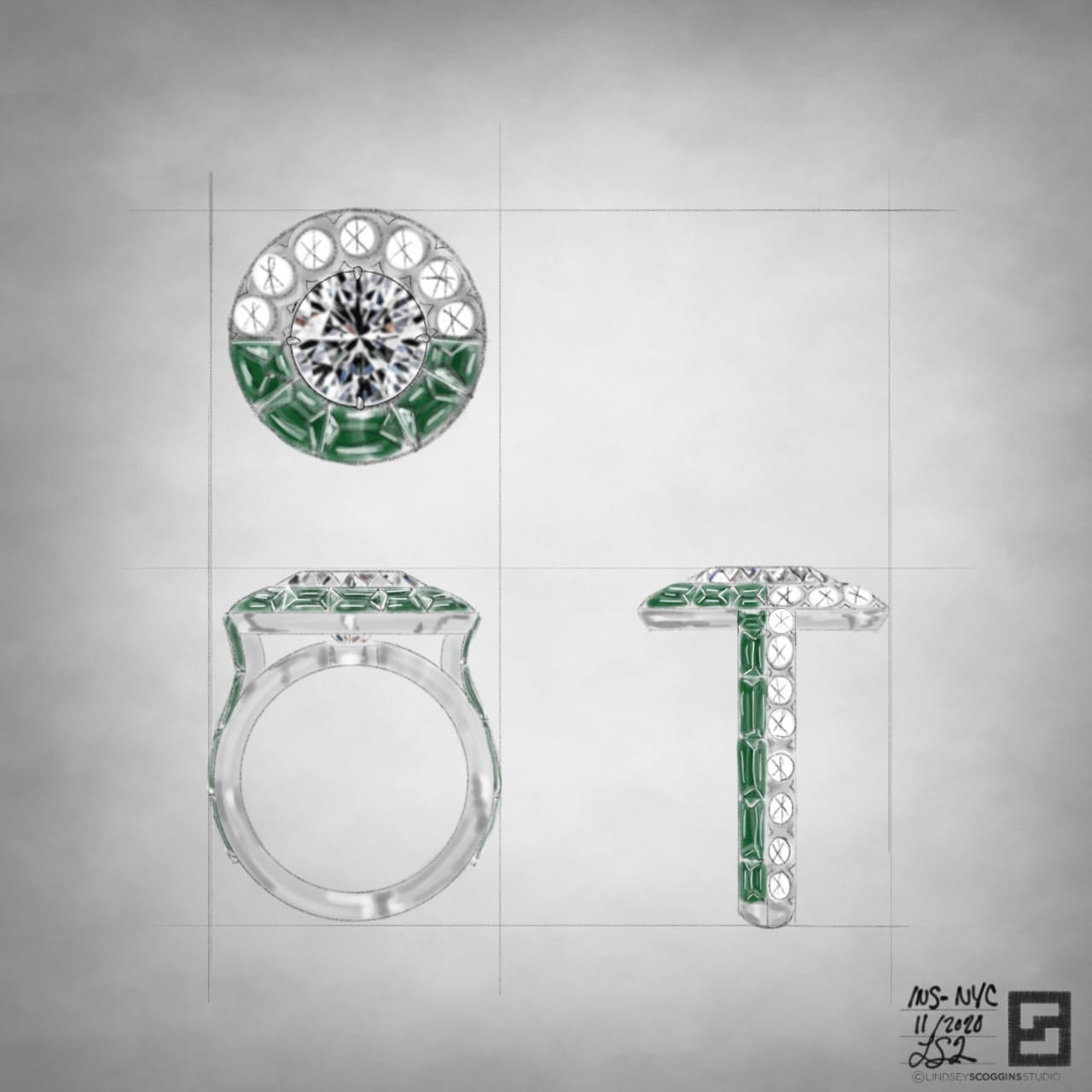 emerald and diamond engagement ring with round center diamond and custom cut emerald baguettes set in platinum