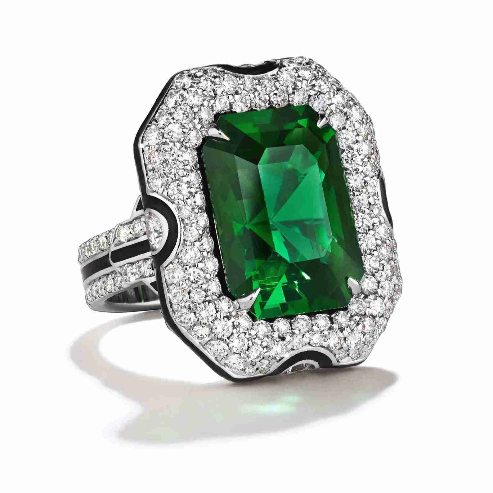 Custom green tourmaline art deco ring