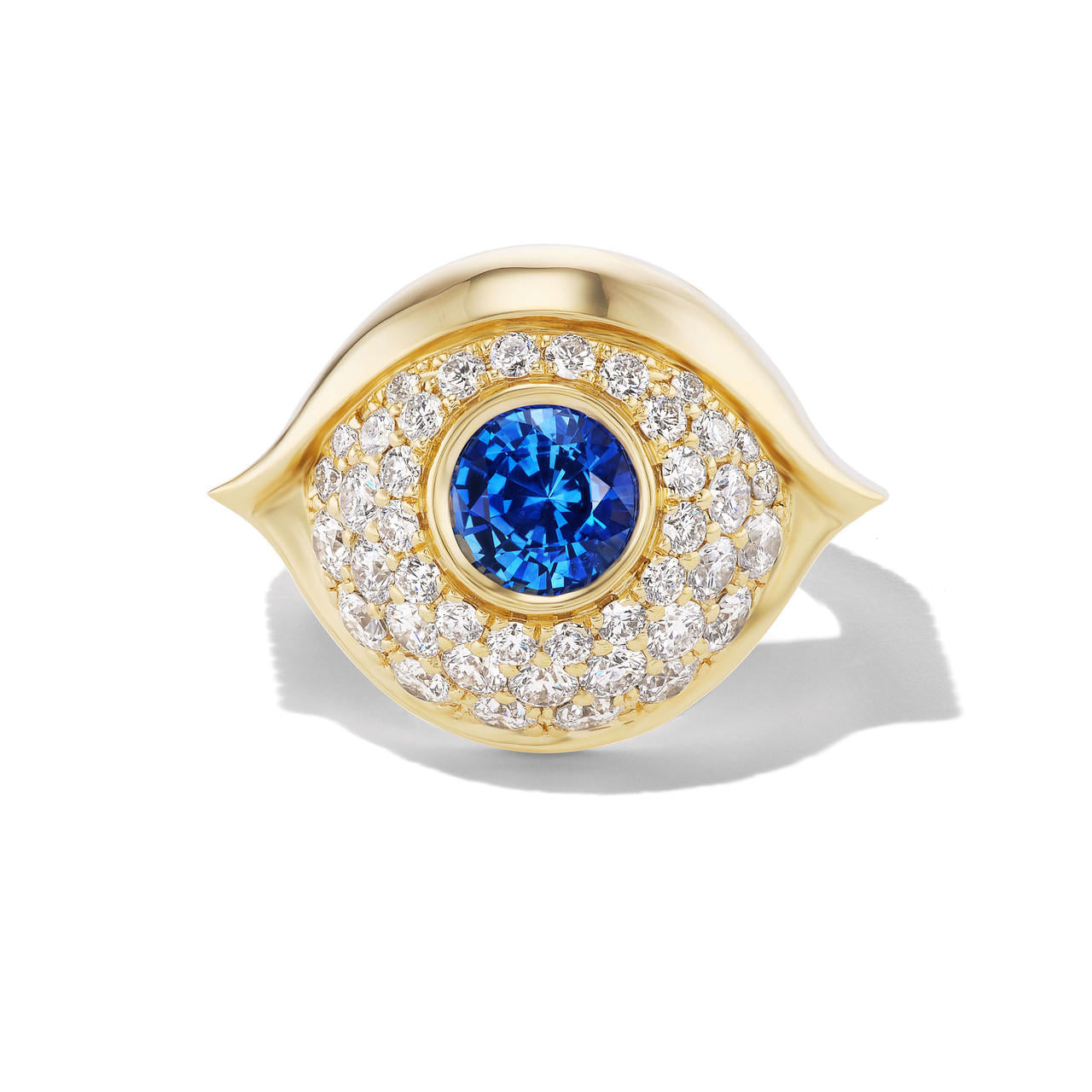 Diamond and sapphire evil eye ring in 18k yellow gold