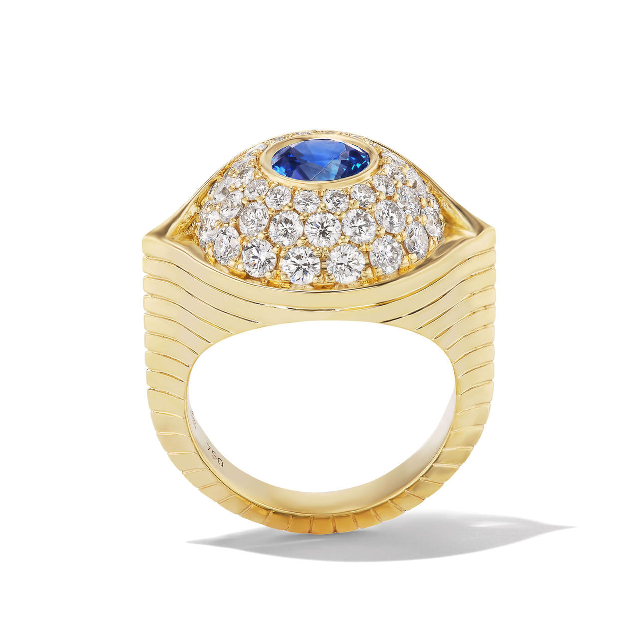 Diamond and sapphire evil eye ring in 18k yellow gold