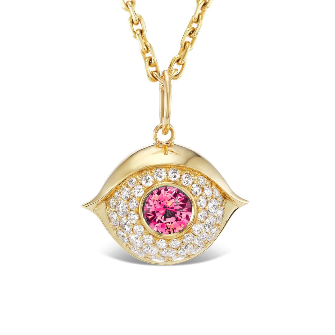 ruby and diamond evil eye necklace in 18k yellow gold