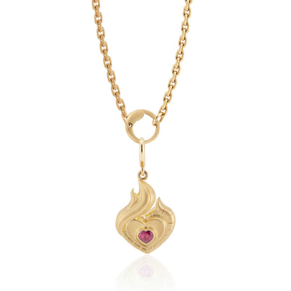 The FLAME ruby and gold pendant front view