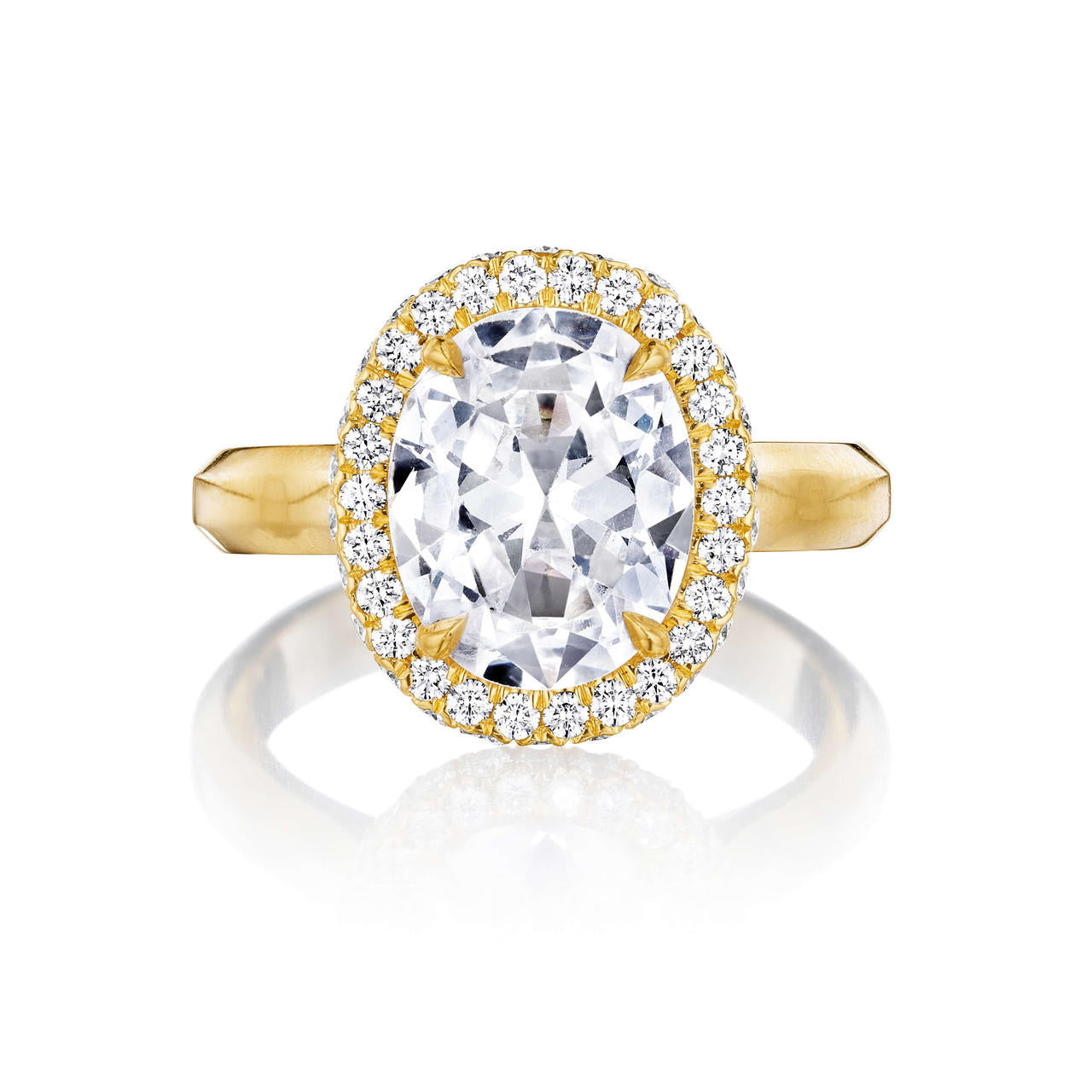 OVAL CUT DIAMOND ENGAGEMENT RING WITH A WRAPPED HALO THREE PHASES SLIM SETTING IN 18K YELLOW GOLD