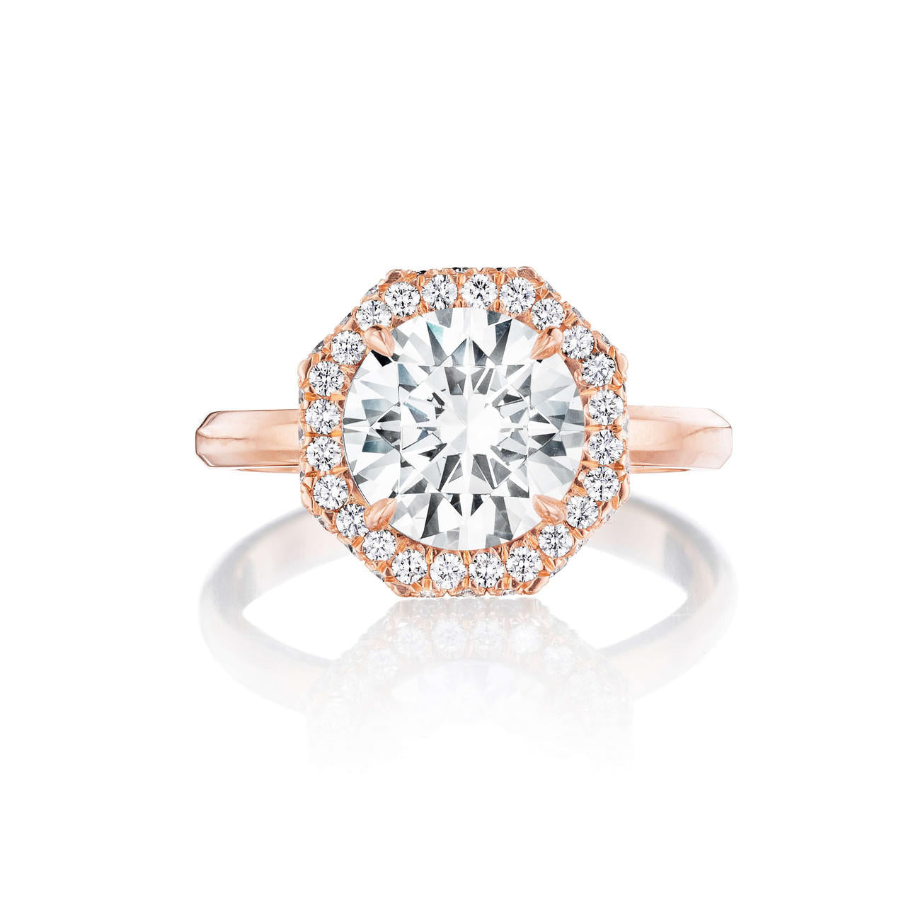 ROUND CUT DIAMOND ENGAGEMENT RING WITH AN OCTAGON HALO THREE PHASES SLIM SETTING IN 18K ROSE GOLD