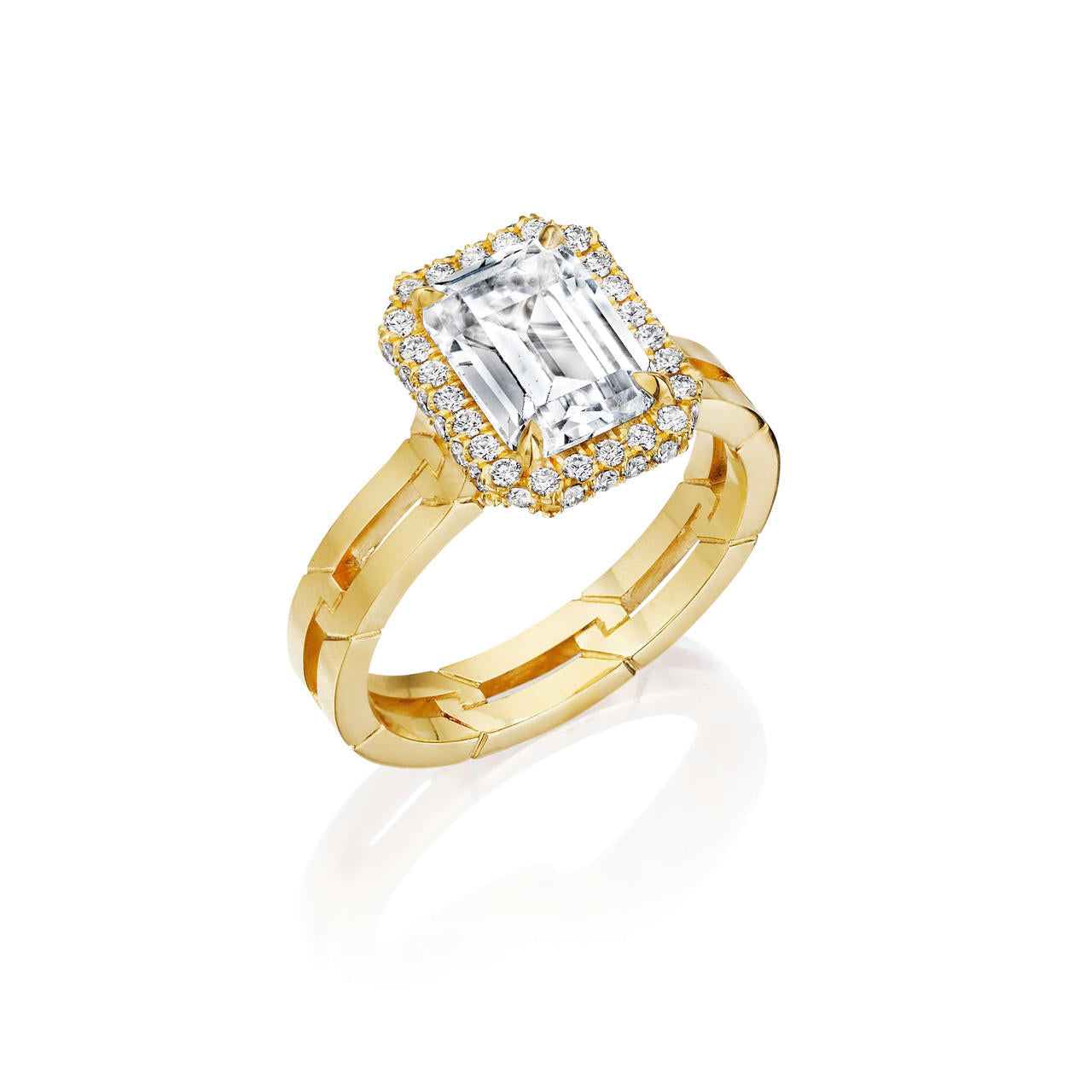 EMERALD CUT DIAMOND ENGAGEMENT RING WITH A WRAPPED HALO 8 LINKS SETTING IN 18K YELLOW GOLD