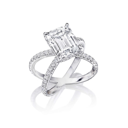 Solitaire Emerald Cut Diamond Engagement Ring on a Platinum Axis Pave Setting