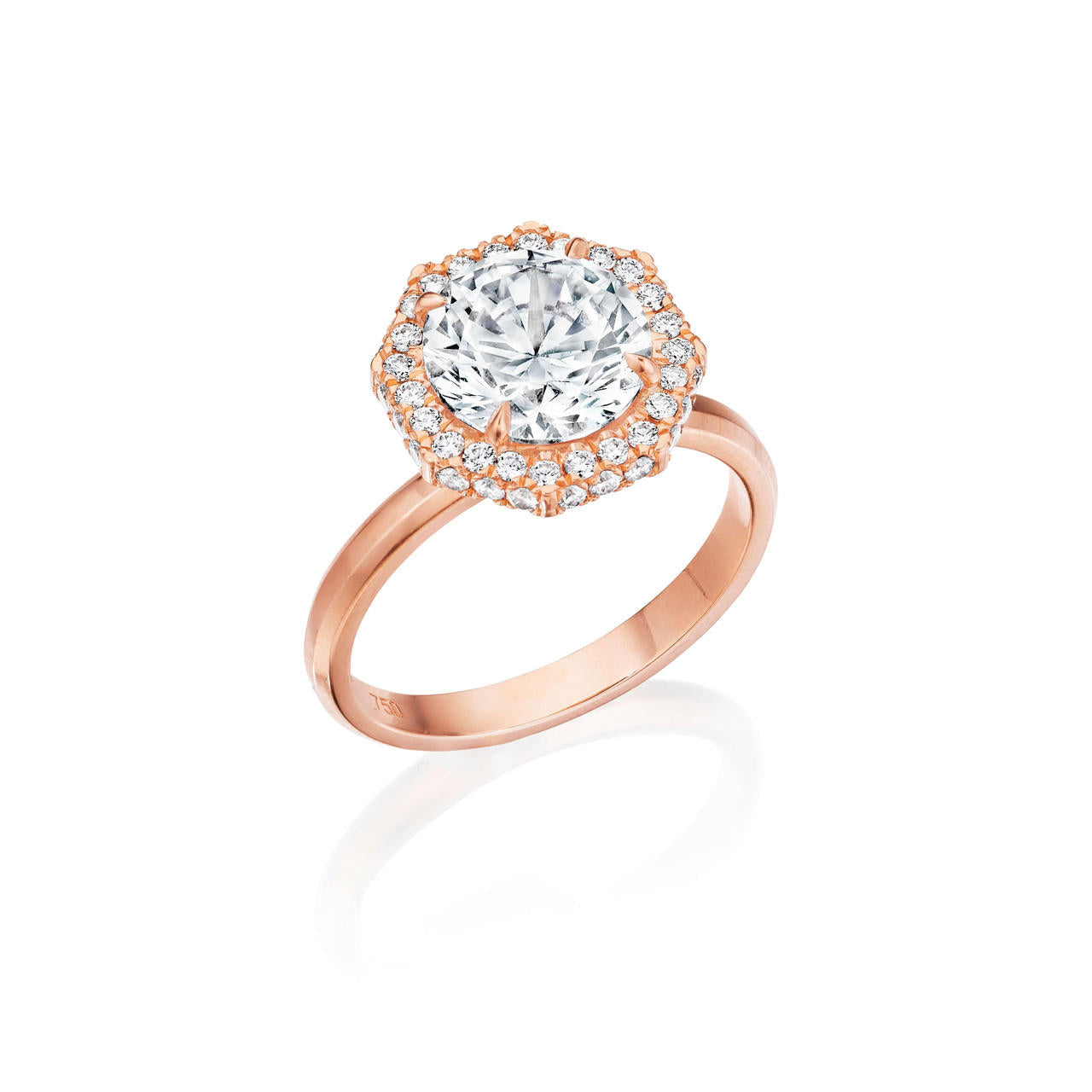 ROUND CUT DIAMOND ENGAGEMENT RING WITH AN OCTAGON HALO THREE PHASES SLIM SETTING IN 18K ROSE GOLD