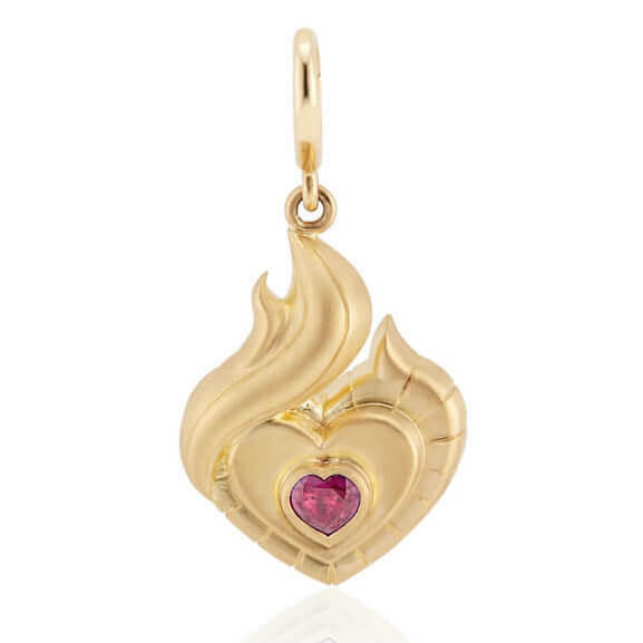 The FLAME ruby and gold pendant front view