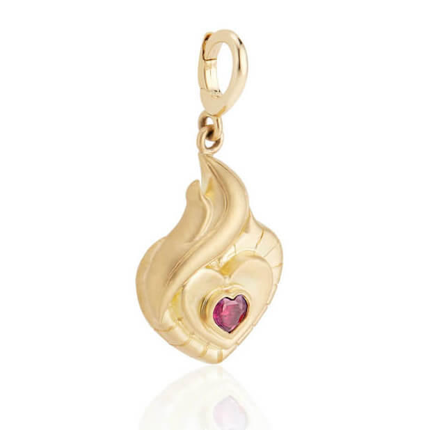 The FLAME ruby and gold pendant side view