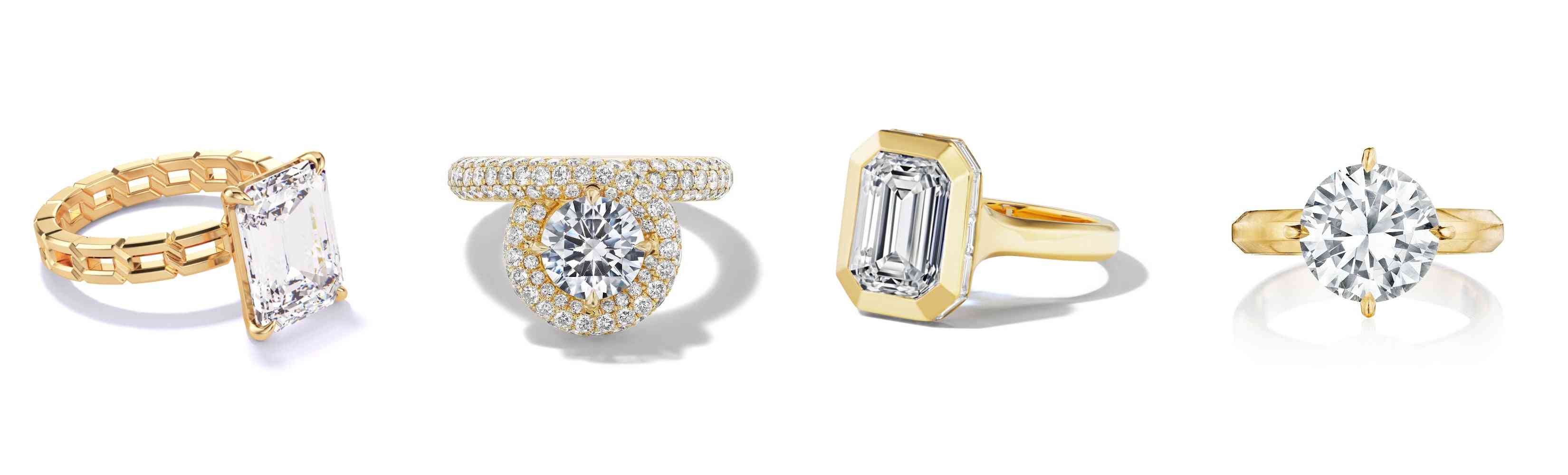Collage of four yellow gold diamond rings: an emerald-cut link design, a round double-halo ring, an emerald-cut bezel ring, and a round solitaire.