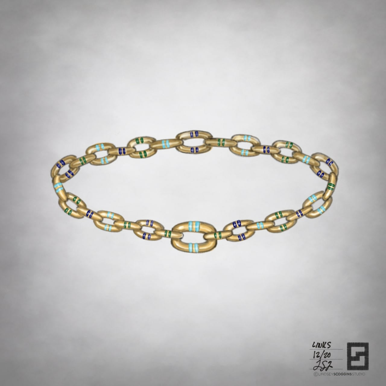 mega capsule link bracelet in 18k gold with enamel stripes; enamel chain link bracelet