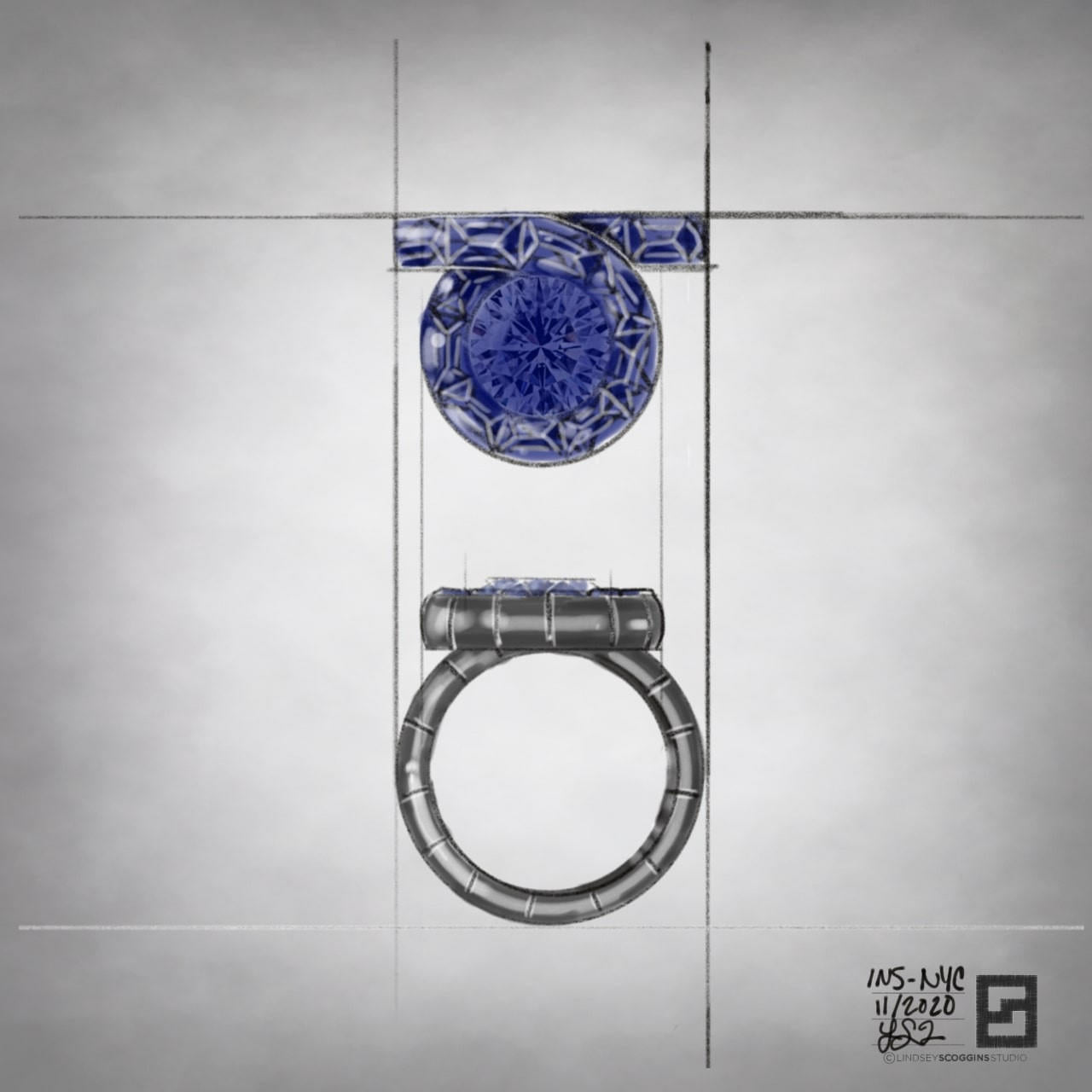 diamond and sapphire engagement ring with custom cut sapphire baguettes and a round center diamond set in 18 karat white gold and plated with dark rhodium