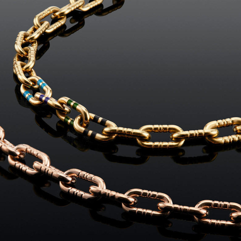 mega capsule chain link necklace in 18k gold with enamel stripes