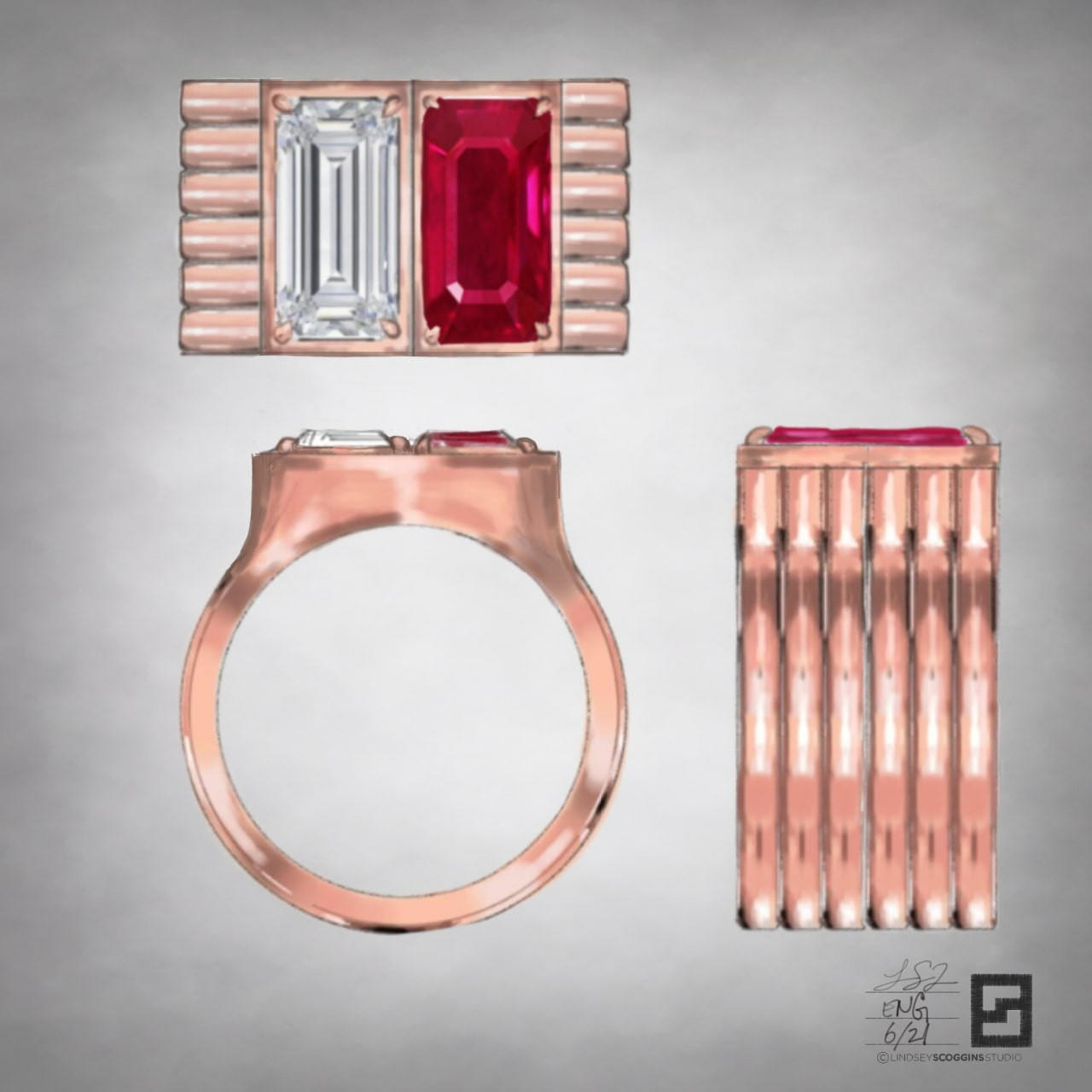 toi et moi ruby and diamond engagement ring in 18k rose gold