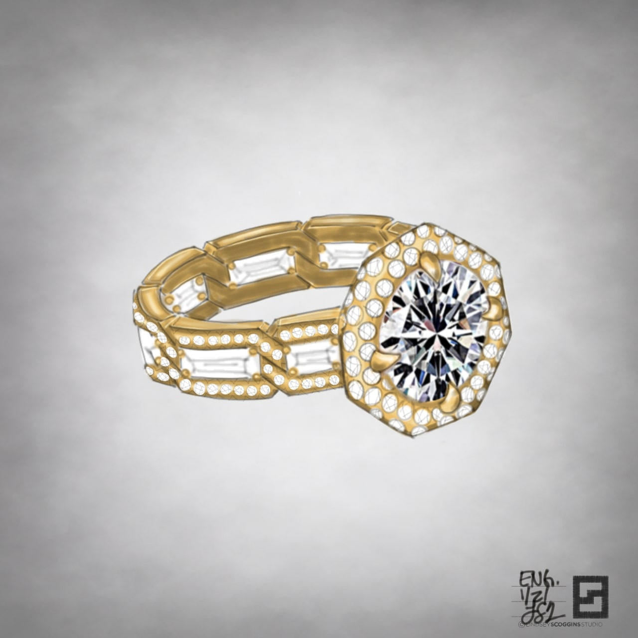 closeup of baguette diamond engagement ring with round diamond and octagonal halo on baguette link band in yellow gold