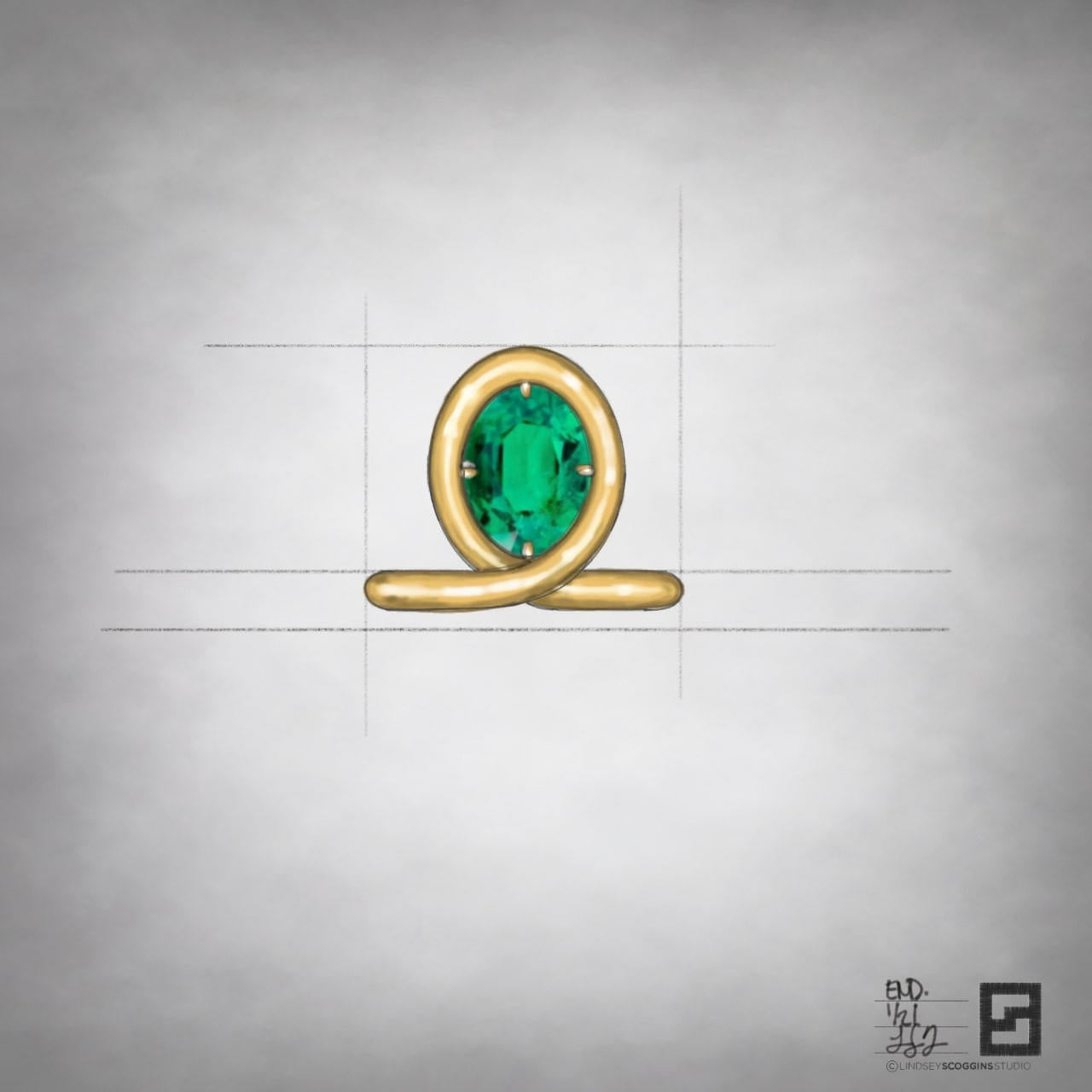 oval endless loop with emerald and gold