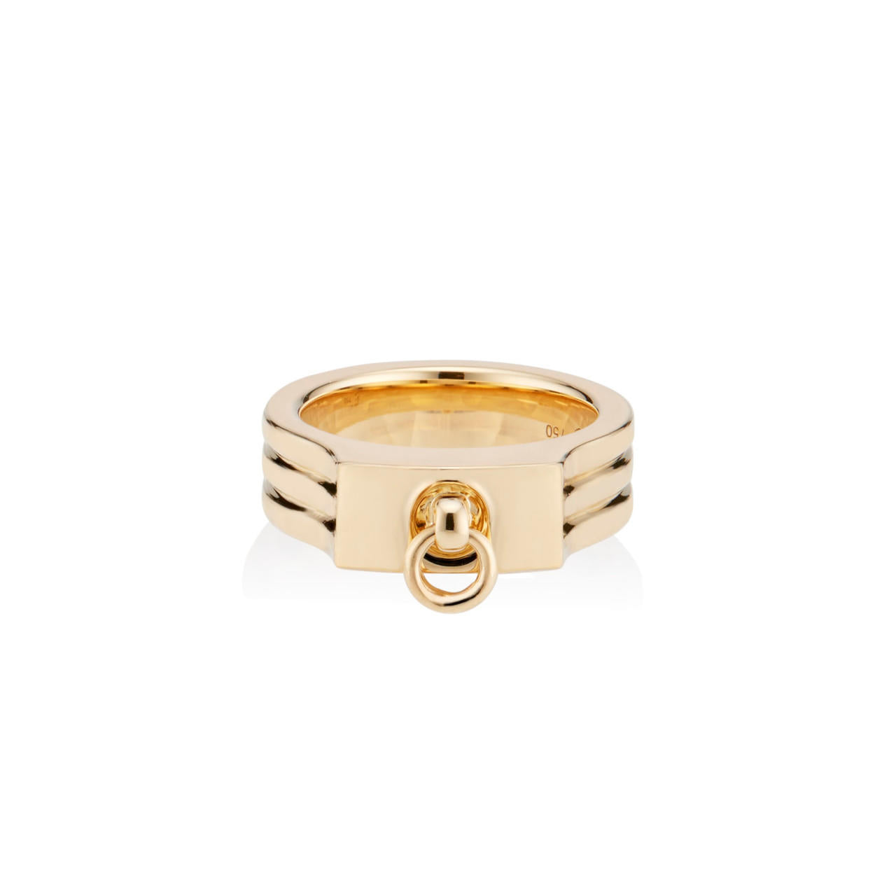 18k gold pinky ring with jump ring detail in yellow gold front view