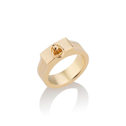 oath pinky ring with jump ring detail in yellow gold three quarter view; 18k gold pinky ring