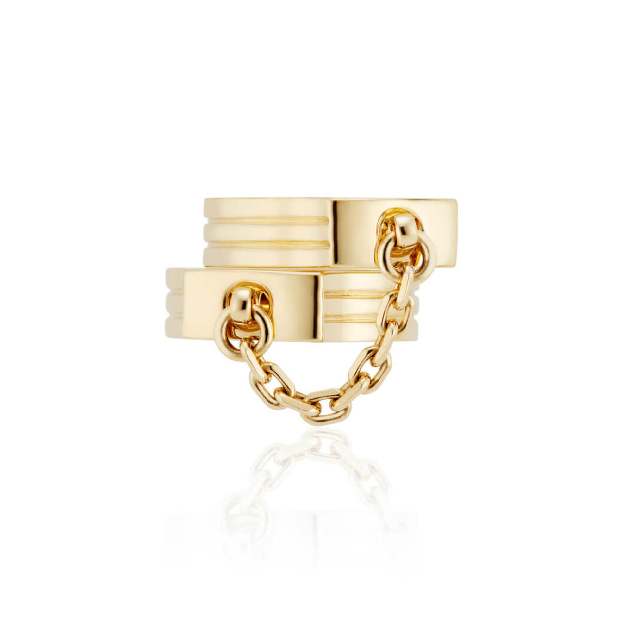 oath double finger ring with chain set in yellow gold with chain detail stacked