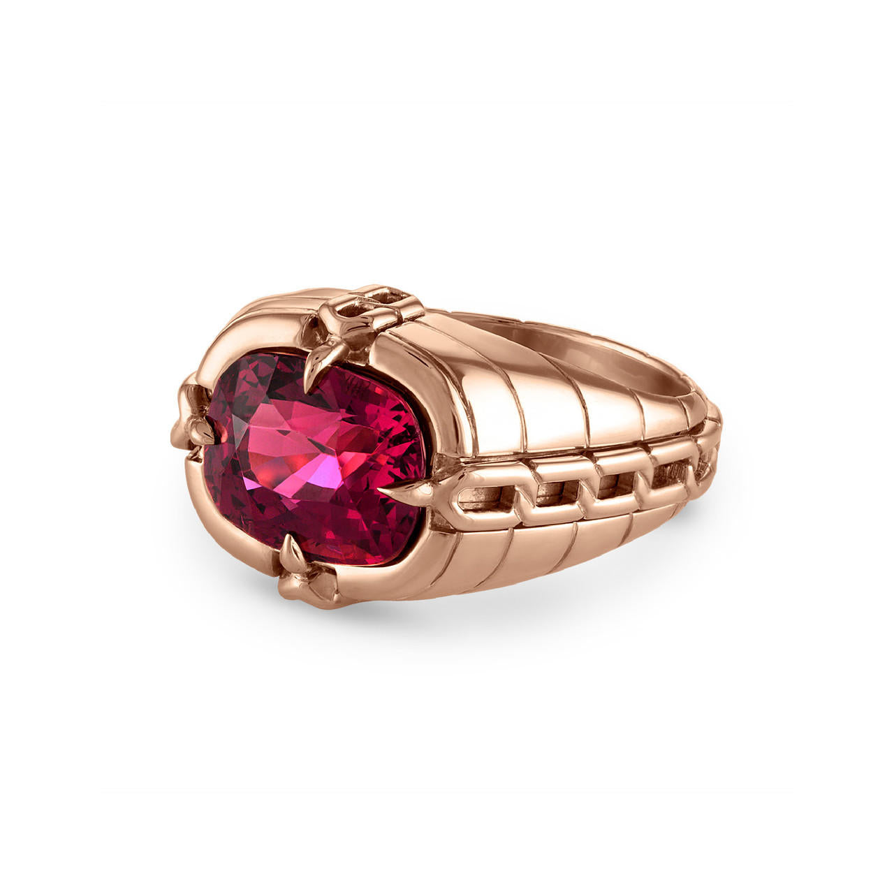 Oath Gypsy Link Ring with rubellite side view; gypsy ring