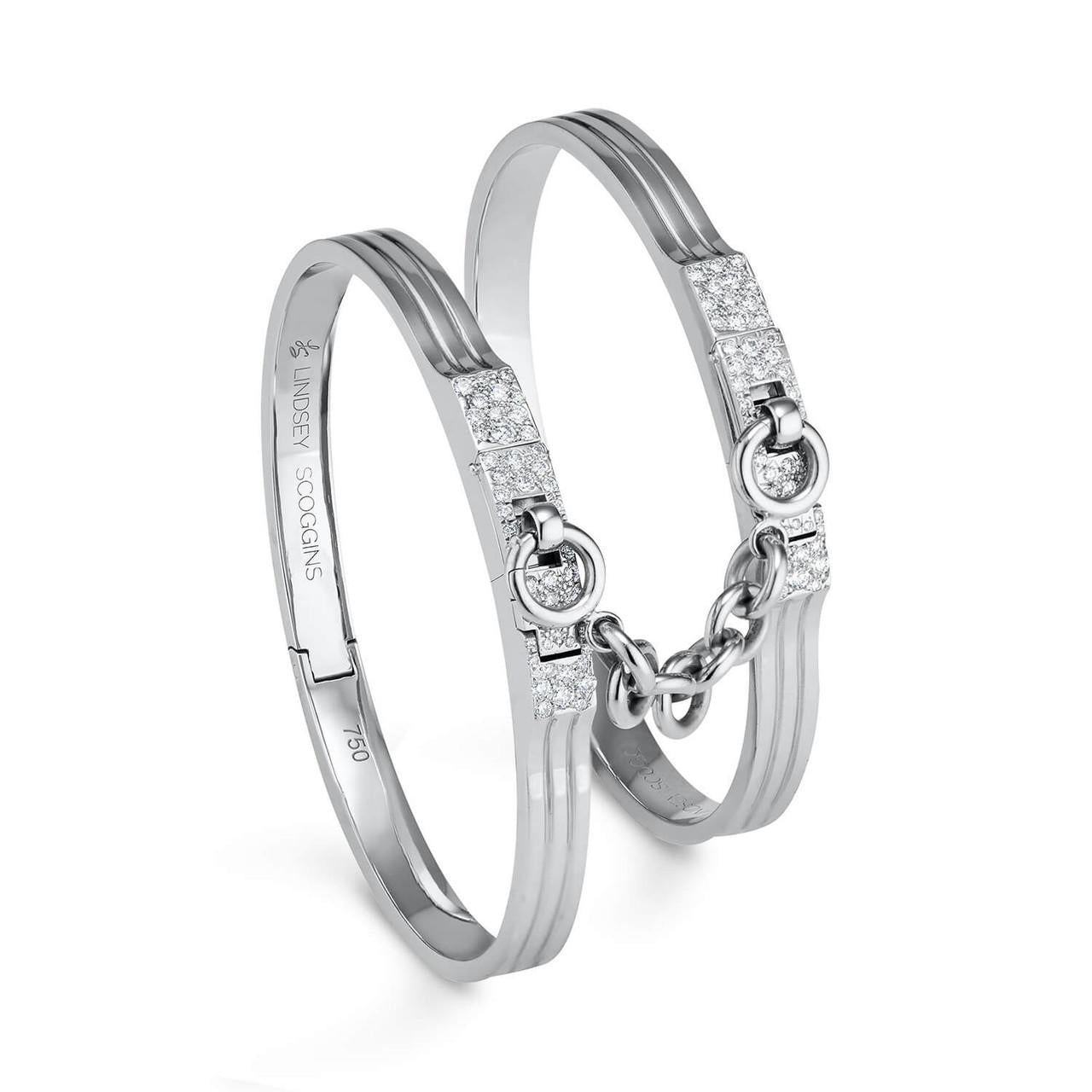 original triple secure handcuff bangles in 18 white gold with pave diamond accent; double cuff bracelet