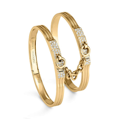 original triple secure handcuff bangles in 18 karat yellow with pave diamond accent; double cuff bracelet