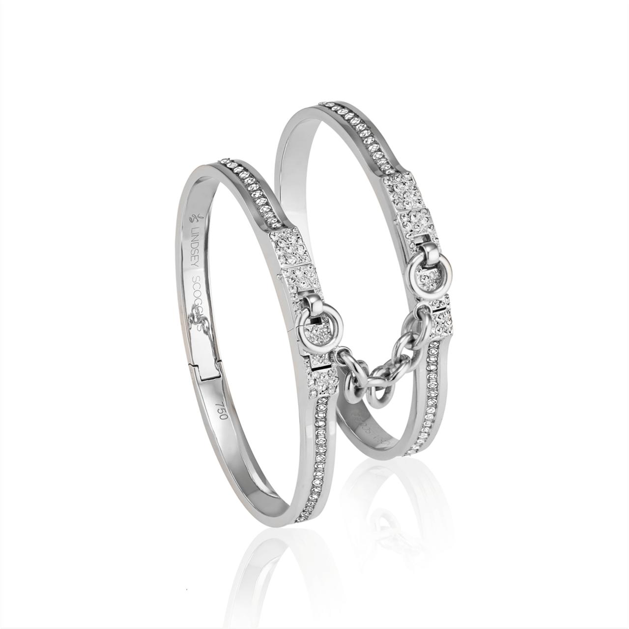 oath double cuff bracelets in white gold with pave diamond row and pave latch; pave diamond cuff bracelets