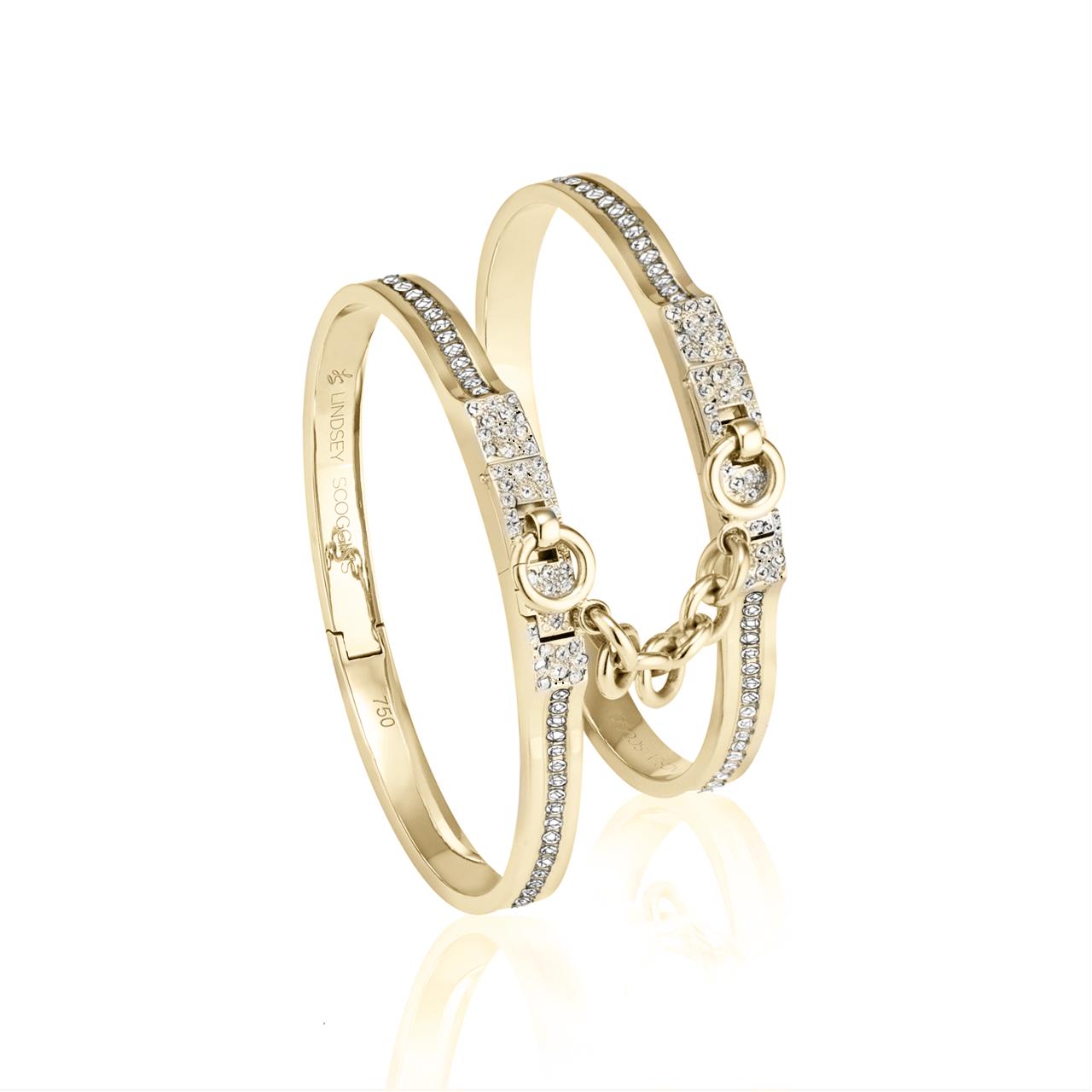 oath double cuff bracelets in yellow gold with pave diamond row and pave latch; pave diamond cuff bracelets