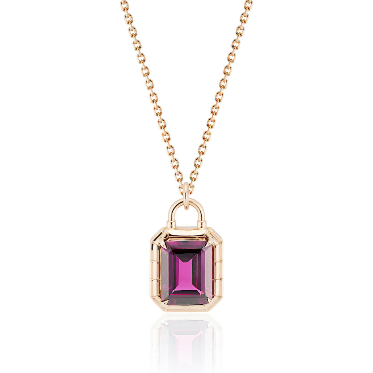 Grape Garnet Emerald Cut Gypsy Padlock front view; purple gemstone necklace