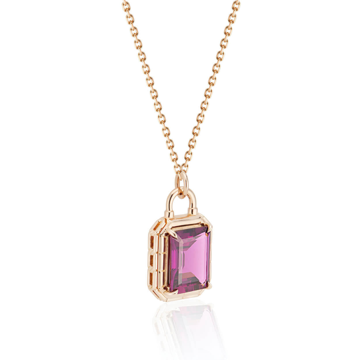 Grape Garnet Emerald Cut Gypsy Padlock on chain side view; purple gemstone necklace