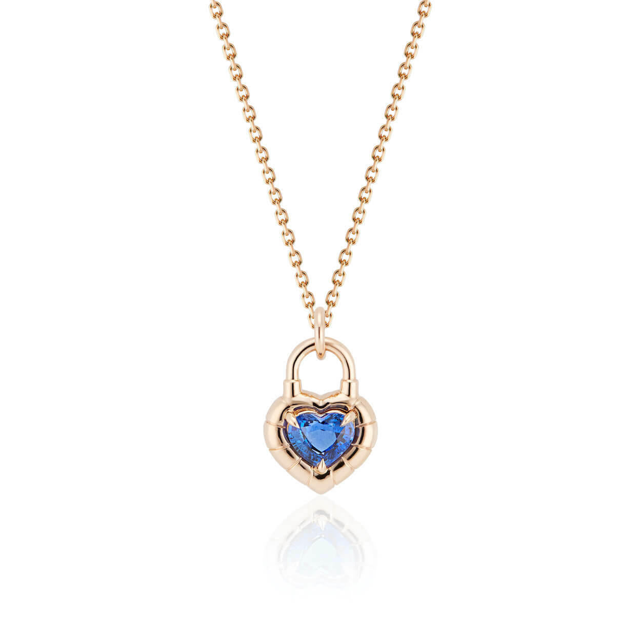 heart shaped sapphire padlock pendant in 18 karat gold front view; sapphire heart pendant