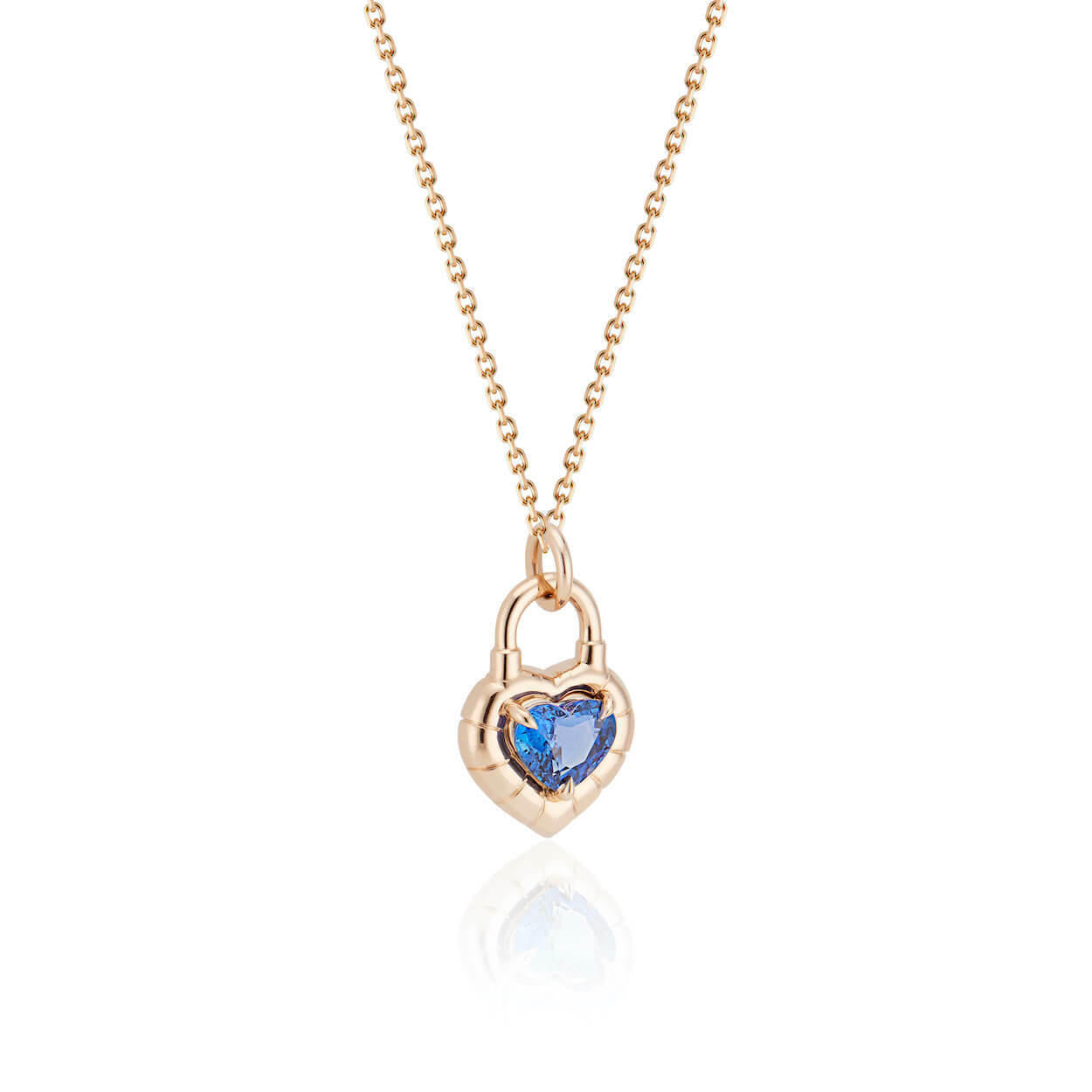 heart shaped sapphire padlock pendant in 18 karat gold front view; sapphire heart pendant