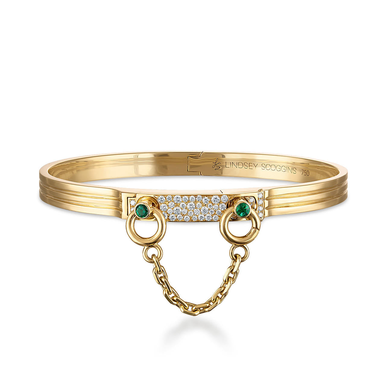 Oath single cuff with pavé latch and emerald bezels in 18k yellow gold