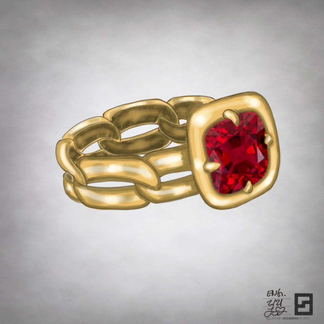 unique gemstone engagement ring with sculptural puffy link setting with red cushion gemstone