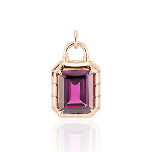 Grape Garnet Emerald Cut Gypsy Padlock front view; purple gemstone necklace