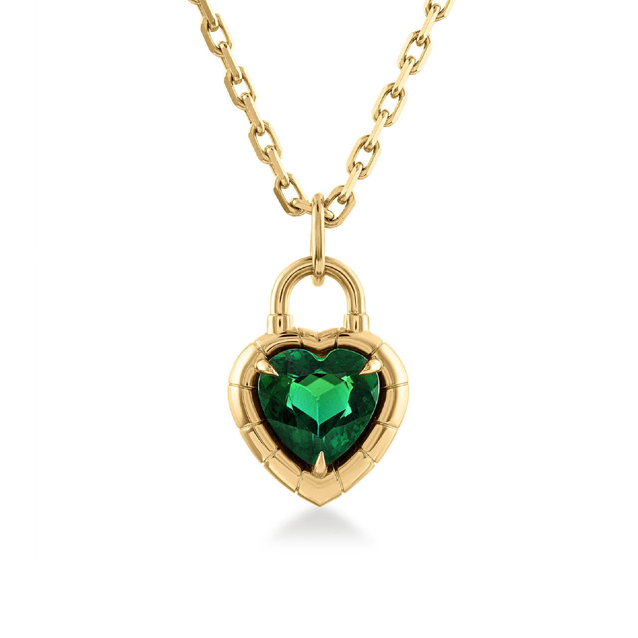 heart shaped green tourmaline padlock pendant in 18 karat gold front view; green tourmaline necklace; green heart pendant necklace