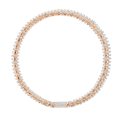 Rose gold and diamond necklace on a white background