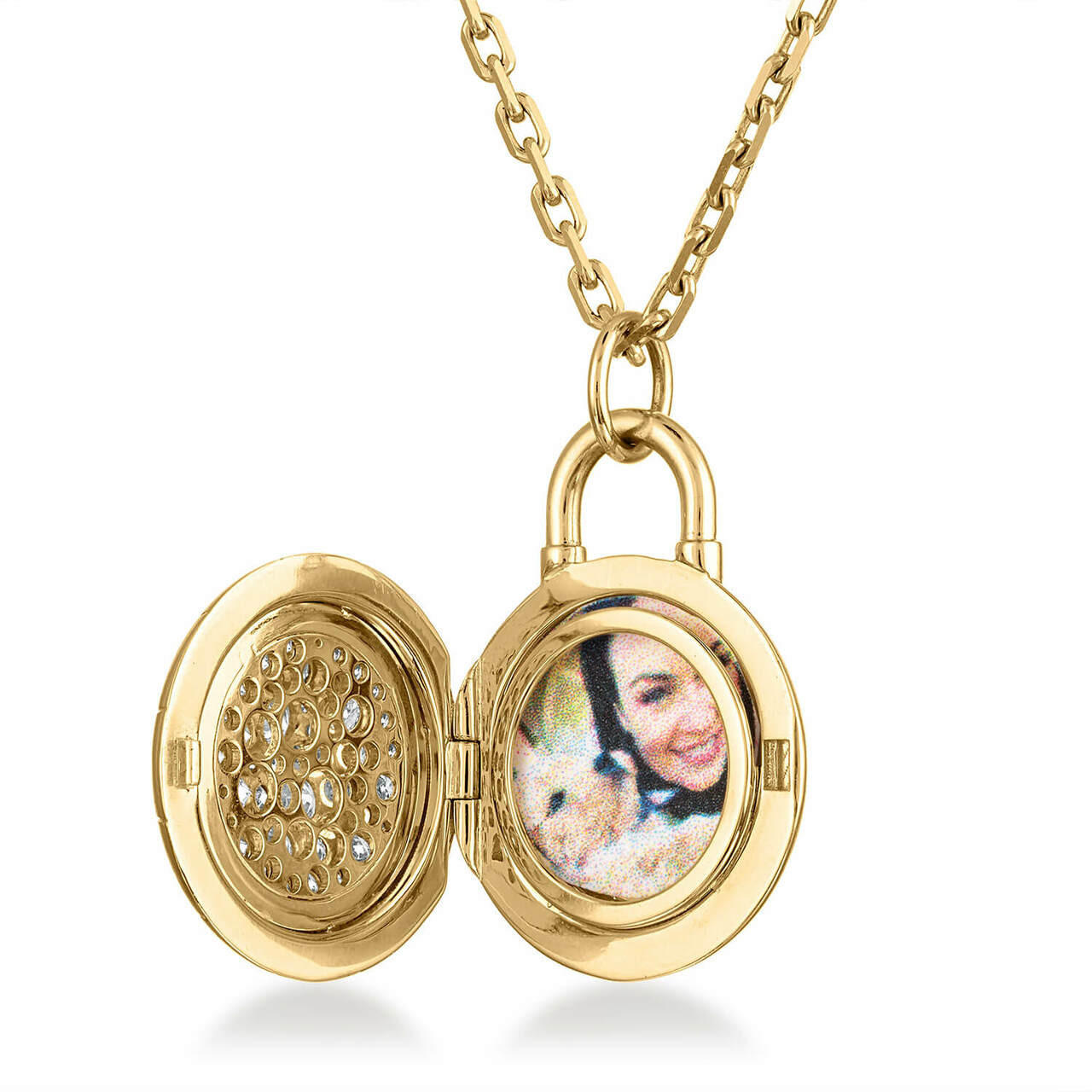 round pave diamond locket in 18 karat gold front view