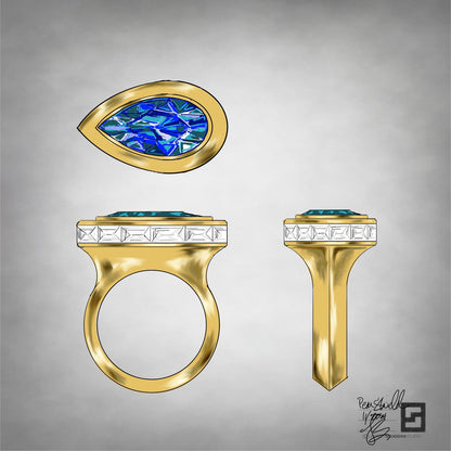bezel set pear shaped blue tourmaline ring design