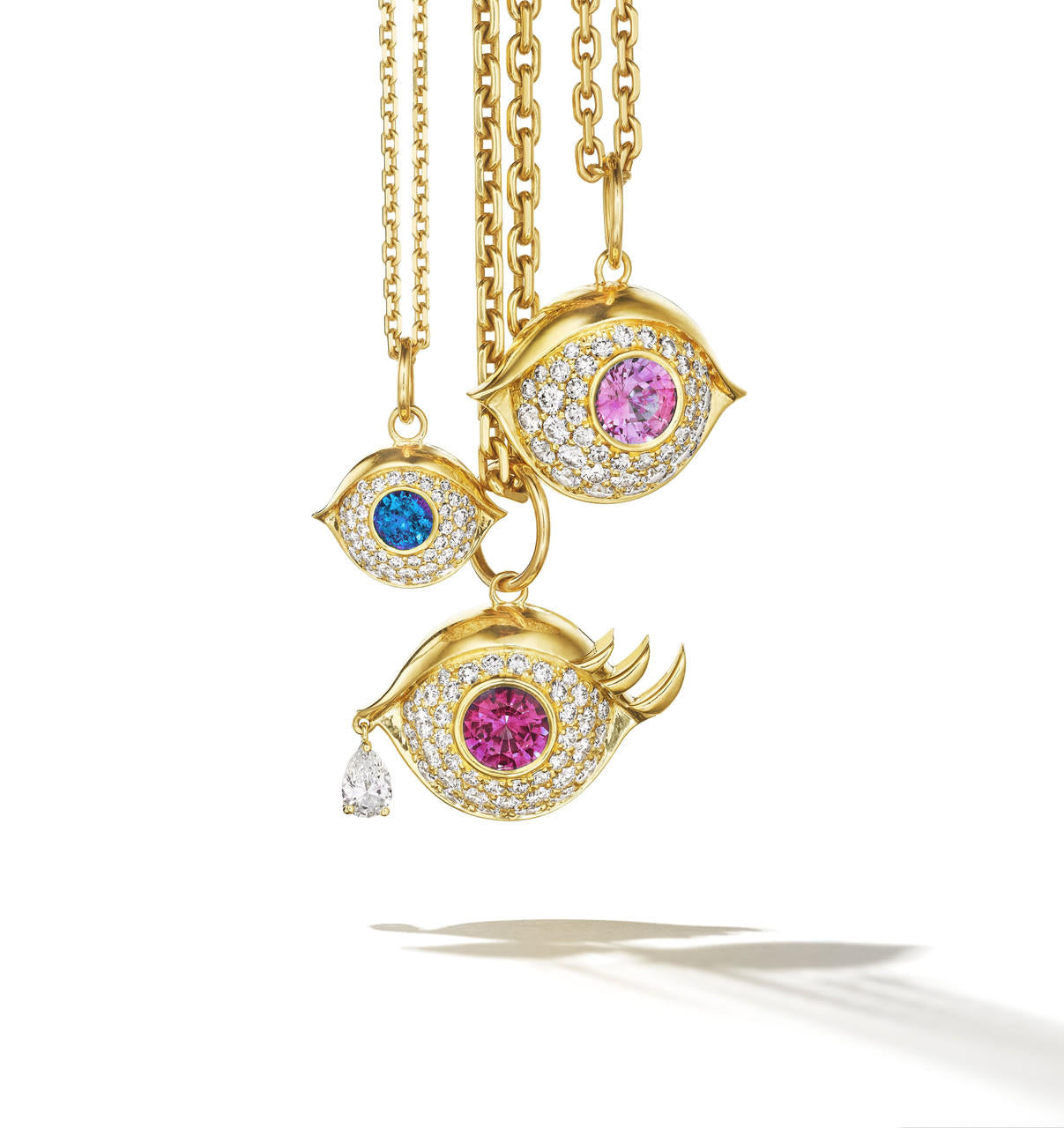 ruby and diamond evil eye necklace in 18k yellow gold