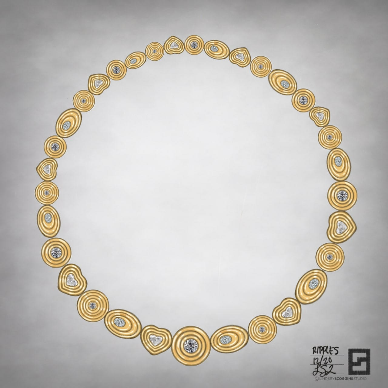 ripple effect collar necklace in 18k gold with round, oval and heart shaped diamonds