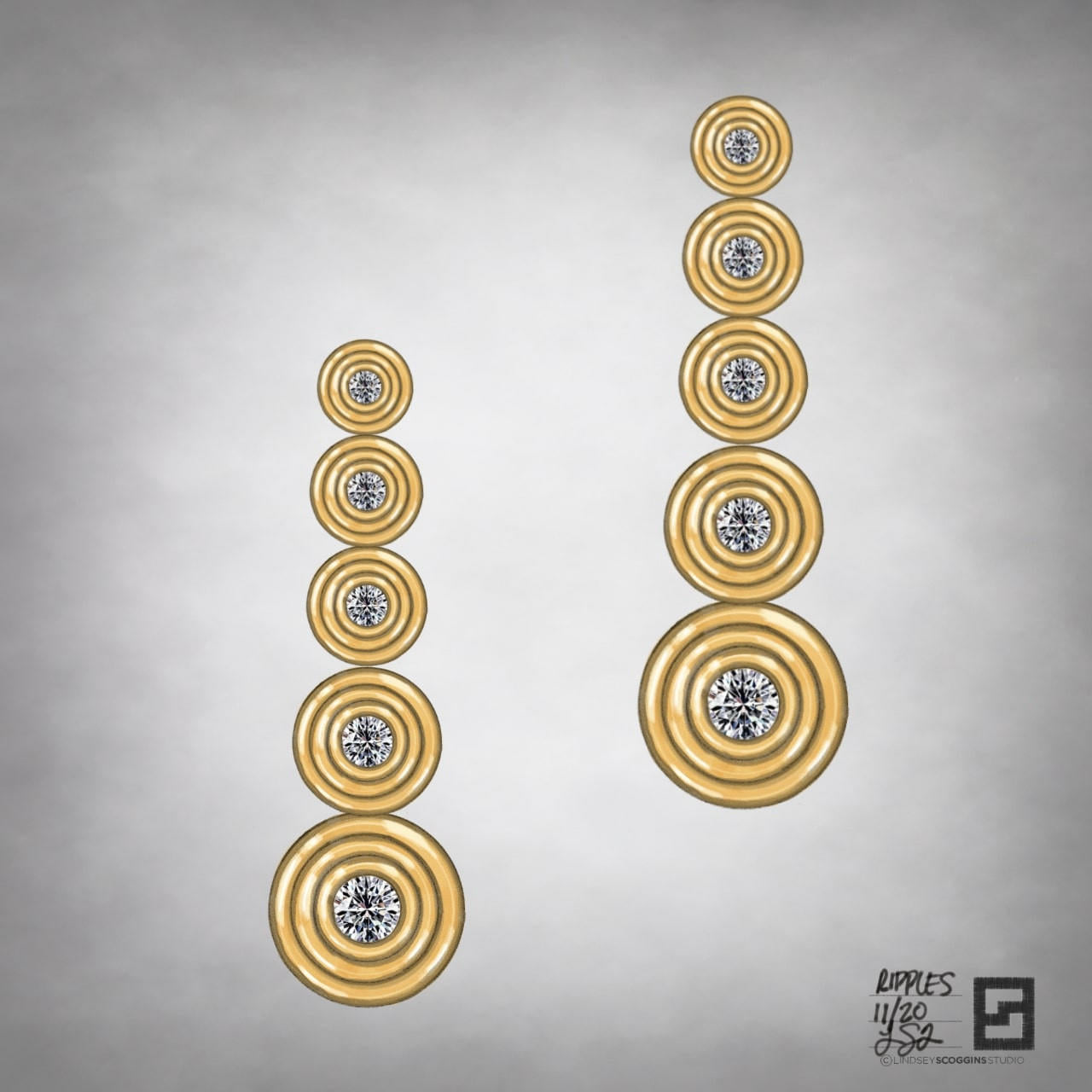 ripple effect diamond drop earrings in 18 karat gold