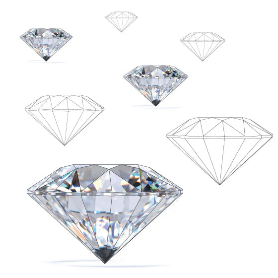 Mix of 3D diamond renderings and wireframe diamond sketches displayed on a white backdrop.